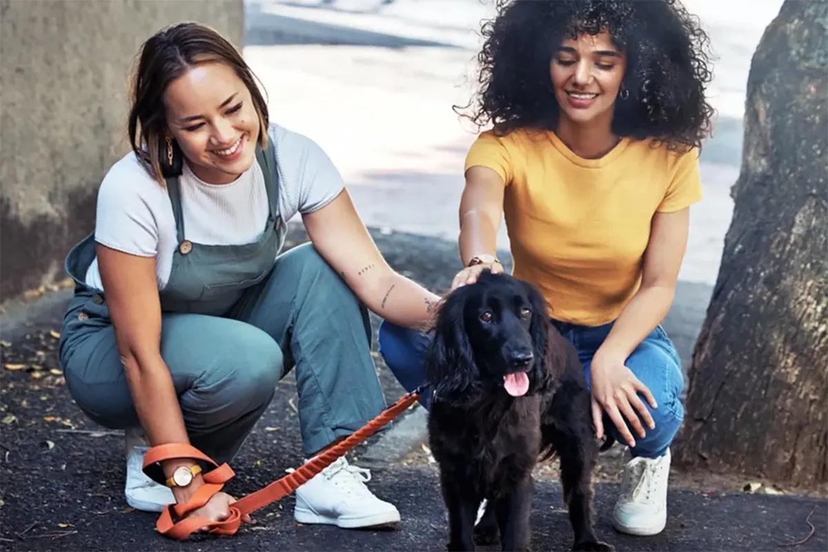 two people with a dog